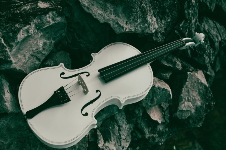 a white violin laying on a rocky surface